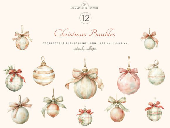 12 PNG Christmas Baubles Clipart for Holiday Illustrations