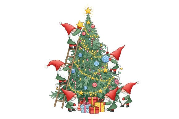Christmas Gnome Decorating Tree PNG: Festive Illustrations