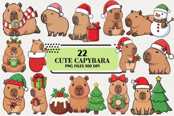 Cute Christmas Capybara Clipart: Illustrations for Sellers