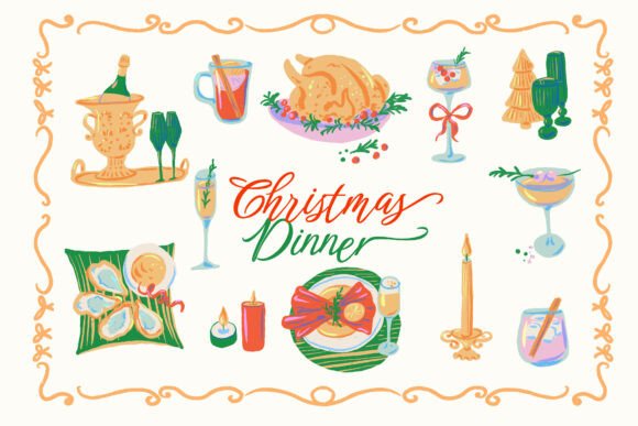 Festive Hand-Drawn Christmas Dinner Illustrations