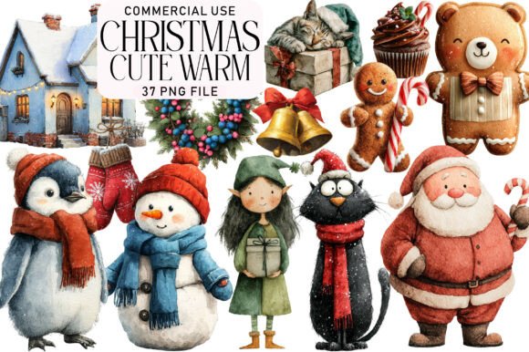 Watercolor Cute Warm Christmas Clipart & Illustrations