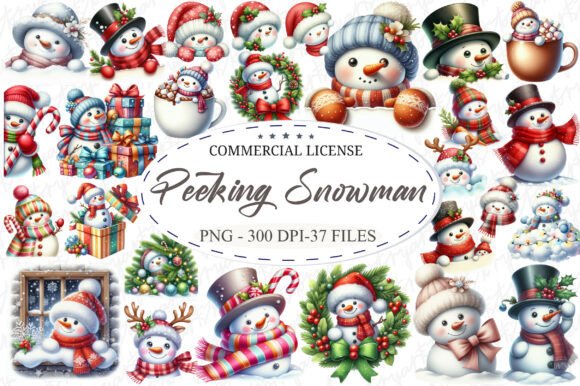 Watercolor Peeking Christmas Snowman Png for Illustrations