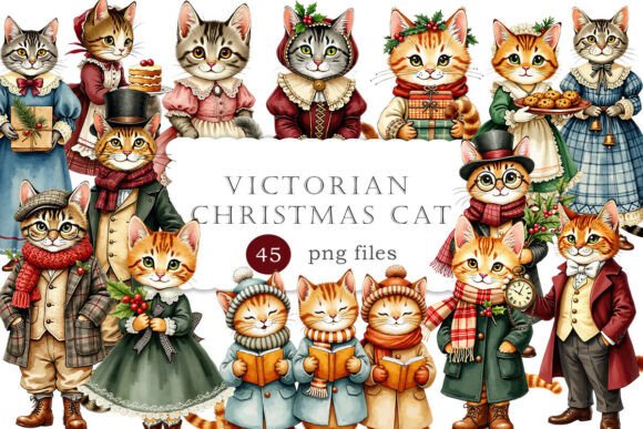 Watercolor Victorian Christmas Cat PNG for Illustrations