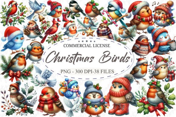 Whimsical Christmas Birds Clipart Bundle Illustrations