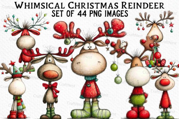 Whimsical Christmas Reindeer Clipart & Illustrations